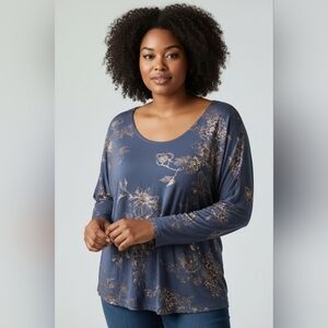 Kim & Cami Womens XL Gray Metallic Gold Floral Top Rayon Stretch Batwing Dolman